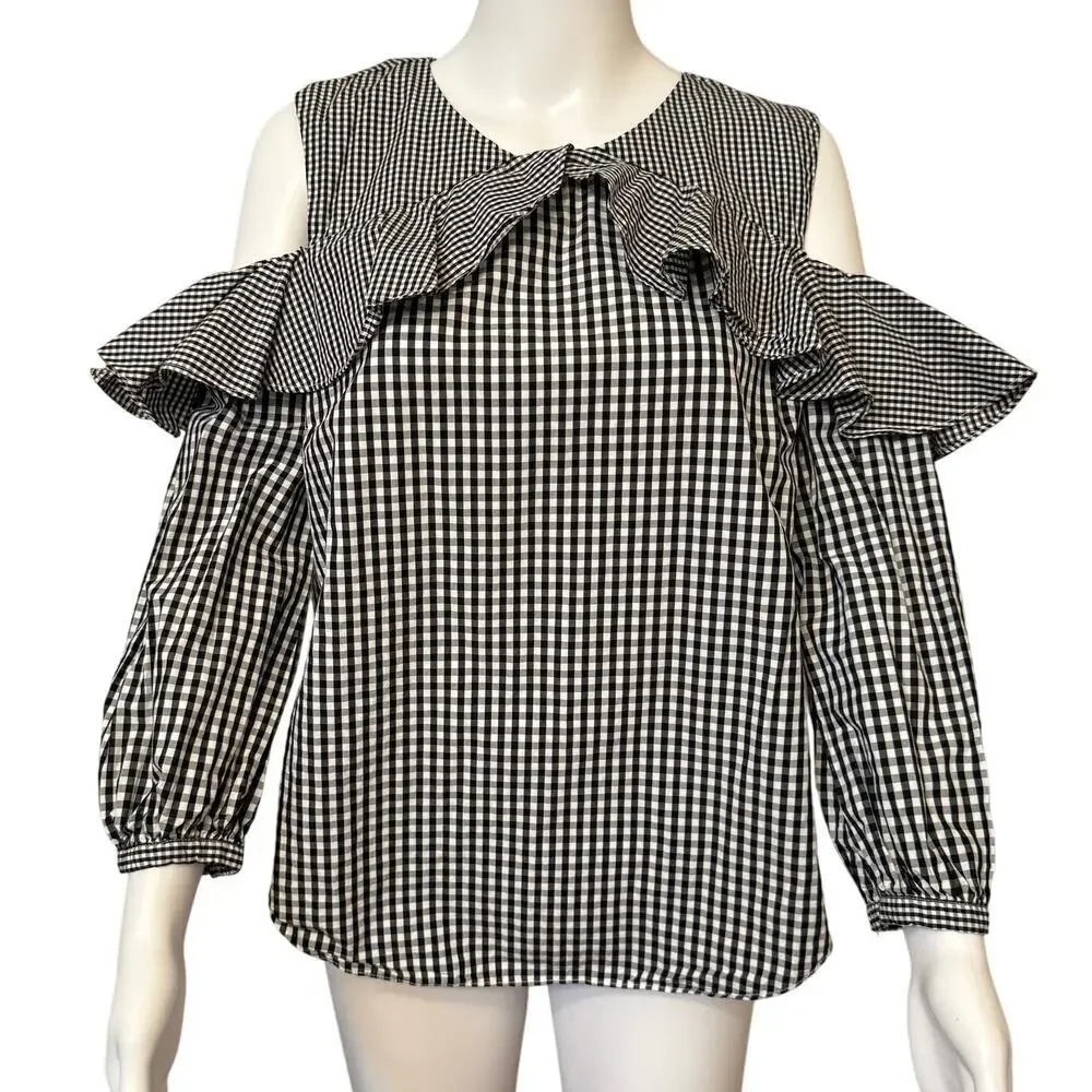 Lauren Ralph Lauren Black & White Gingham Ruffle Cold-Shoulder Blouse - Size L - Picture 2 of 11